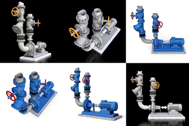 Modello 3D di una pompa industriale e sezione di tubo con valvole di intercettazione su uno sfondo bianco isolato Illustrazione 3d