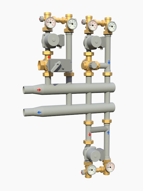 Modello 3d di una pompa industriale e una sezione di tubo con valvole di intercettazione su uno sfondo bianco isolato. illustrazione 3D