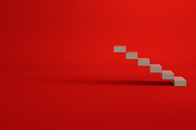 Modello 3D di una scala in piastrelle bianche. Scale in uno spazio vuoto. Computer grafica. Oggetti isolati su sfondo rosso.