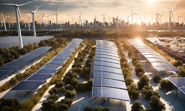 Modello 3D di uno skyline cittadino con turbine eoliche e pannelli solari integrati negli edifici