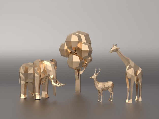 Modello 3d dorato poligono basso di elefanti, cervi, giraffe.