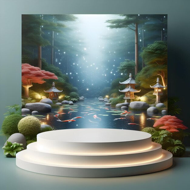 Modello 3D fotoreale con Podium aromatico con uno sfondo sfocato o bokeh di olio essenziale diffuso