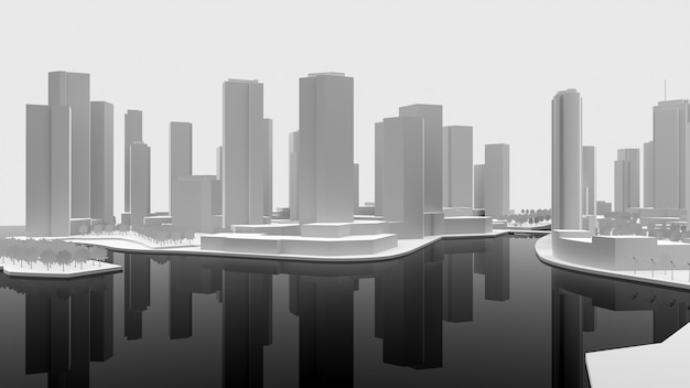 Modello 3D in bianco bianco di una città costruita sull'acqua. rendering 3D.