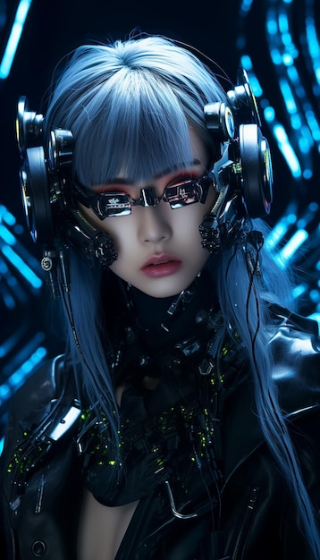 Modello 3D realistico di un bellissimo cyborg con occhiali da sole futuristici Cyberpunk Woman Ai generato