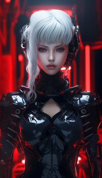 Modello 3D realistico di un cyborg umano in un futuristico mondo cyber Cyberpunk Woman Ai generato