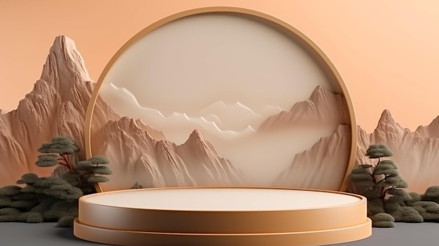 Modello 3D realistico di un podio con spazio vuoto naturale a piedistallo su sfondo di montagna Ai generato