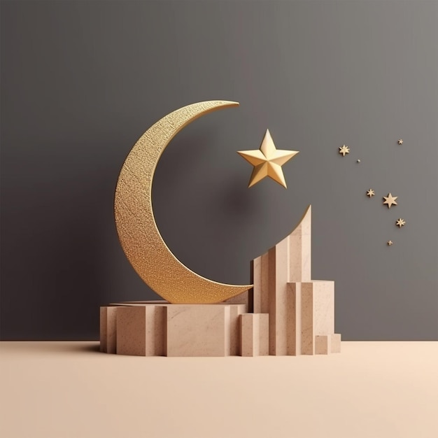 Modello 3D reso per la luna crescente islamica e le stelle