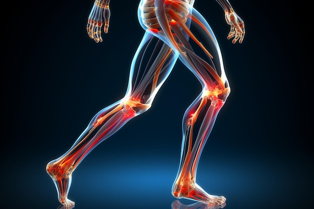 Modello 3D vivido dell'anatomia maschile incentrato sulle strutture scheletriche del ginocchio e della caviglia