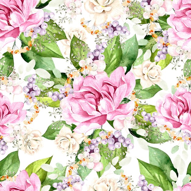 Modello acquerello colorato con fiori di peonia, piante e foglie. Illustrazione