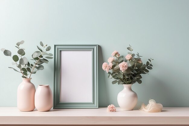 Modello alla moda con cornice fotografica e fiori in vaso in colori pastello chiaro Una cornice fotografica su un tavolo.