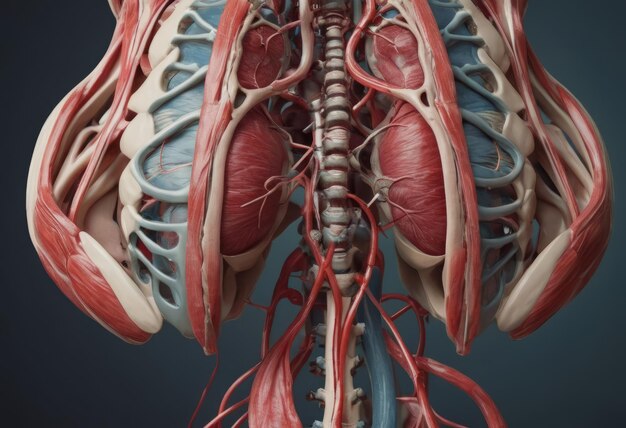 Modello anatomico del corpo umano in classe su sfondo bianco Parte del modello del corpo umano con sistema d'organi Modello muscolare umano Concepto di istruzione medica