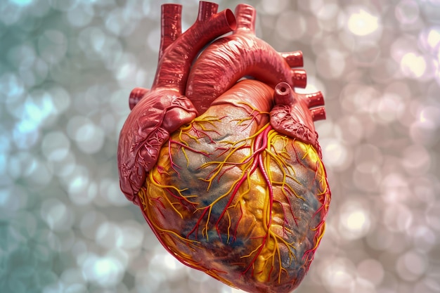 Modello anatomico del cuore umano con vasi dettagliati su sfondo Bokeh scintillante