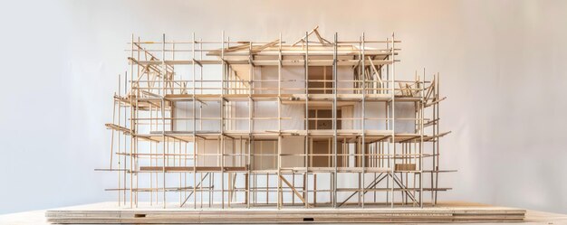 Modello architettonico di un edificio con impalcatura Fotografia in studio con sfondo neutro