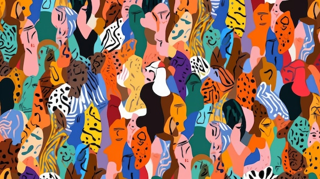 Modello astratto senza soluzione di continuità con una folla varia e colorata di persone in stile collage moderno Illustrazione di una comunità multietnica e diversità culturale