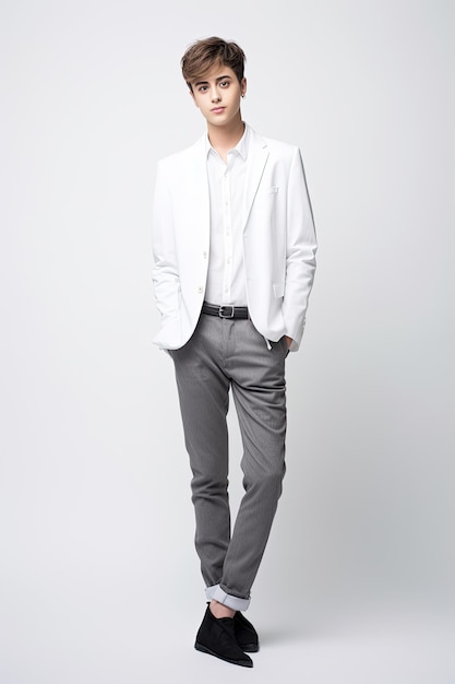 Modello Bel ragazzo in abiti di moda business su sfondo bianco