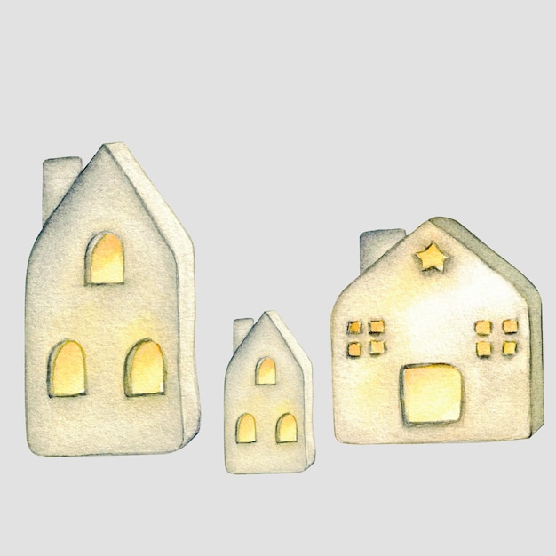 Modello Case in ceramica lanterne Illustrazione ad acquerello interno del soggiorno Elementi di arredamento per la casa su uno sfondo bianco