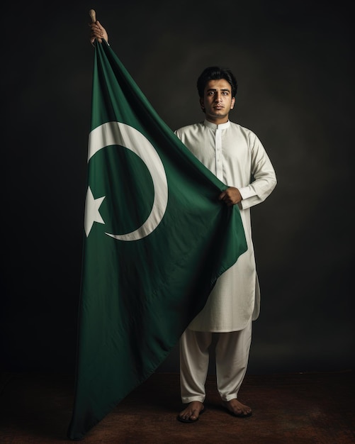 modello con la bandiera del Pakistan sulla spalla sullo sfondo solido casuale