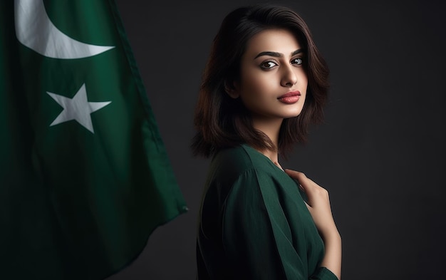 modello con la bandiera del Pakistan sulla spalla sullo sfondo solido casuale