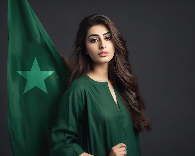 modello con la bandiera del Pakistan sulla spalla sullo sfondo solido casuale