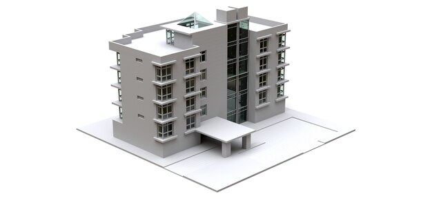 Modello condominiale di colore bianco con vetri trasparenti. Appartamento. rendering 3D.