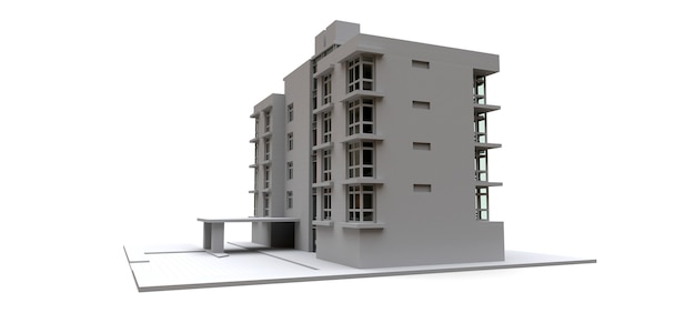 Modello condominiale di colore bianco con vetri trasparenti. Appartamento. rendering 3D.