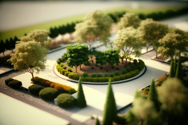 Modello contemporaneo in miniatura di un quartiere di una villa con tecnica TiltShift Focus Generative Ai