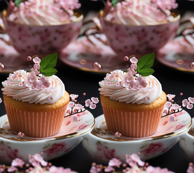 Modello Cupcakes con crema rosa e fiori primaverili su sfondo nero