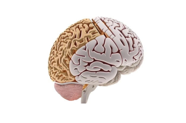 Modello del cervello umano su sfondo bianco Vista profilo Concetto di intelligenza la complessità della mente umana IA generativa