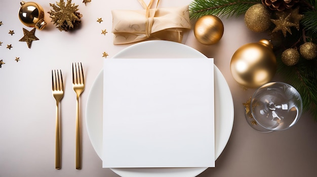 Modello del menu di Natale con stoviglie bianche, argenteria e decorazioni sullo sfondo Vista superiore