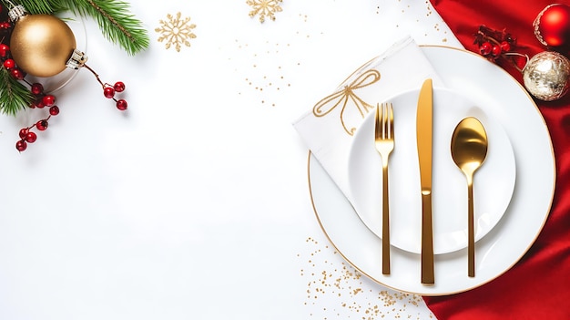 Modello del menu di Natale con stoviglie bianche, argenteria e decorazioni sullo sfondo Vista superiore