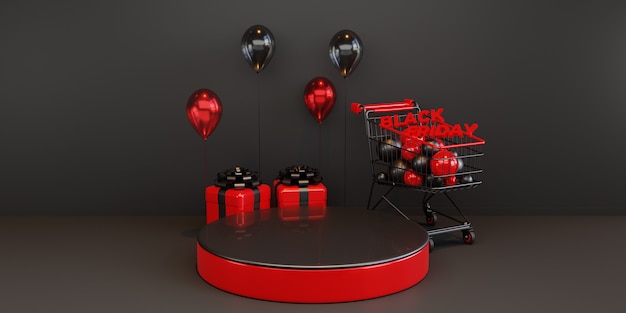 Modello del podio del black friday con palloncino 3d e carrello. Psd Premium