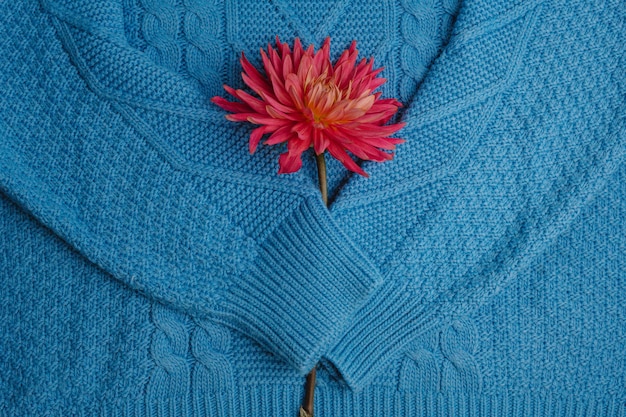 Modello del primo piano tricottato variopinto dei maglioni. Prodotto fatto a mano in lana merino. Una pila di abiti piegati con fiori.