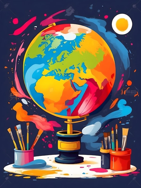 Modello della Giornata Mondiale dell'Arte 15 aprile globo pittura pennelli palette di colori sfondo bandiera artistica