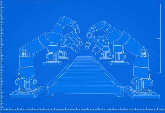 Modello della linea di assemblaggio del robot di rendering 3D con scala su sfondo blu