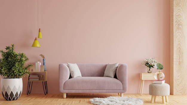 Modello della parete interna del soggiorno con divano rosa su uno sfondo rosa vuoto 3D