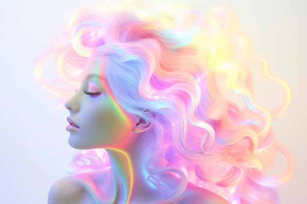 Modello di alta moda con capelli lucidi sotto luci tremolanti al neon