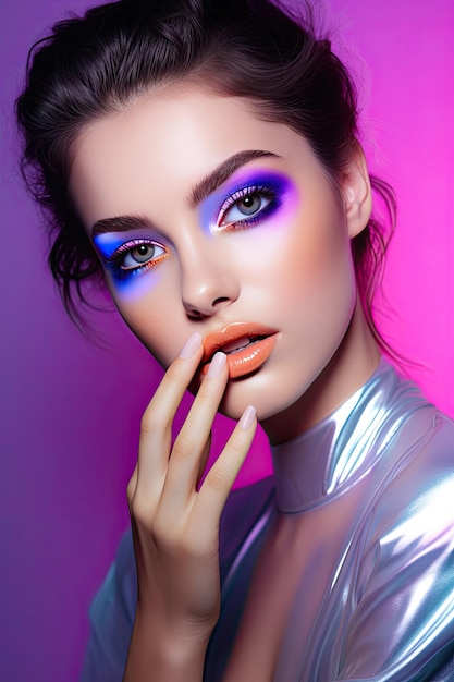 Modello di alta moda labbra argento metallizzato e viso donna con luci colorate al neon luminose blu e viola uv in posa in studio bella ragazza trucco luminoso trucco colorato Glitter Vivido trucco al neon