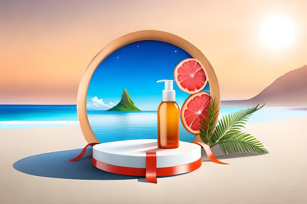 Modello di annuncio cosmetico 3d in tema vacanza sull'isola Tube mock up su podio rotondo