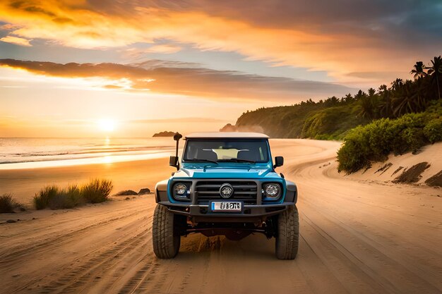 Modello di automobile su una spiaggia con un tramonto sullo sfondo