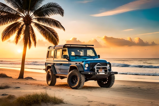 Modello di automobile sulla spiaggia con il tramonto