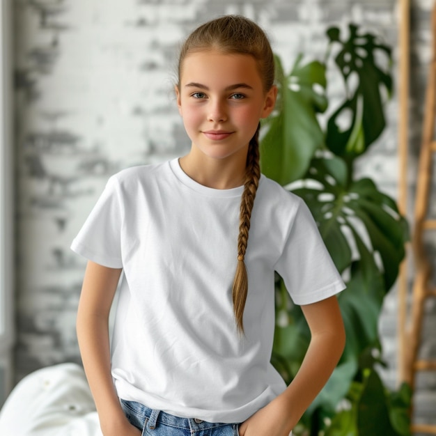 modello di bambino che posa con sfondo di mockup di maglietta bianca