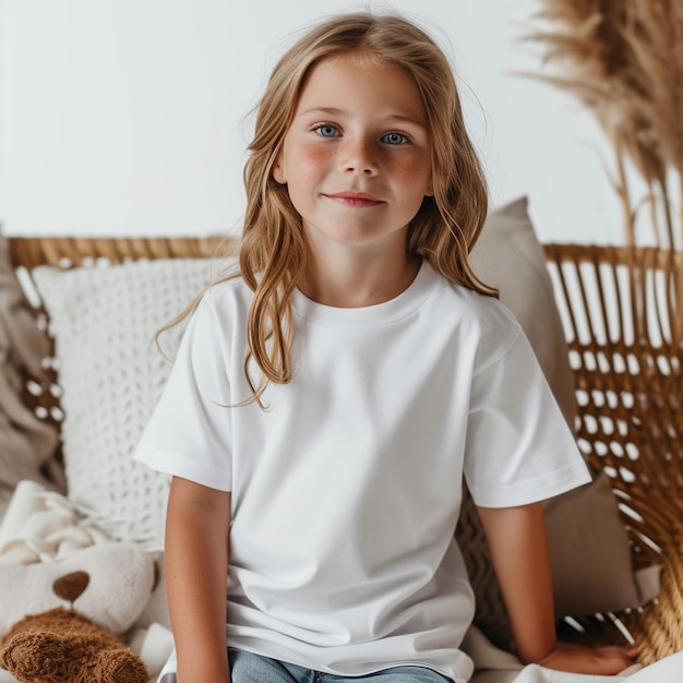 modello di bambino che posa con sfondo di mockup di maglietta bianca