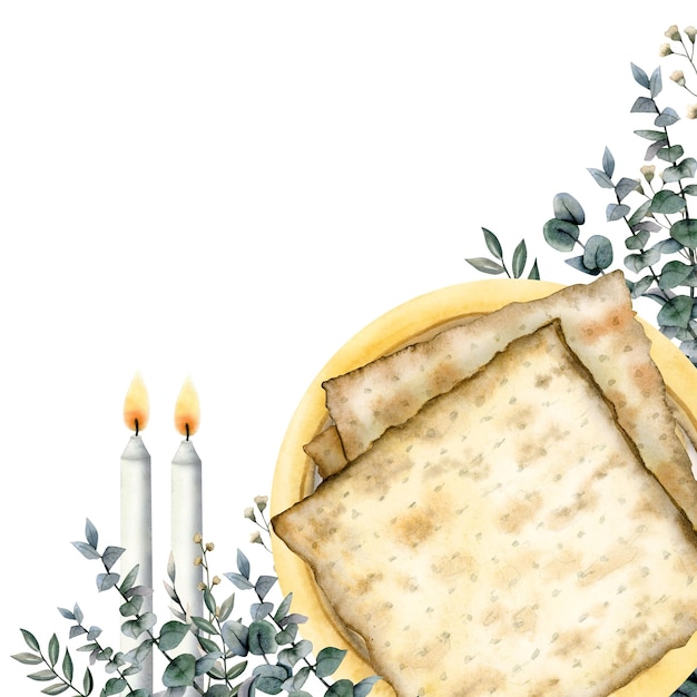 Modello di bandiera dell'acquerello di auguri di Pasqua felice con matzah candele eucalipto con spazio di copia