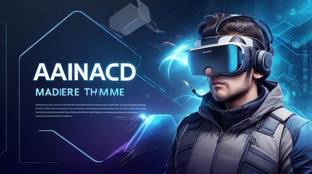 Modello di banner di tecnologia avanzata con uomo che indossa sfondo VR