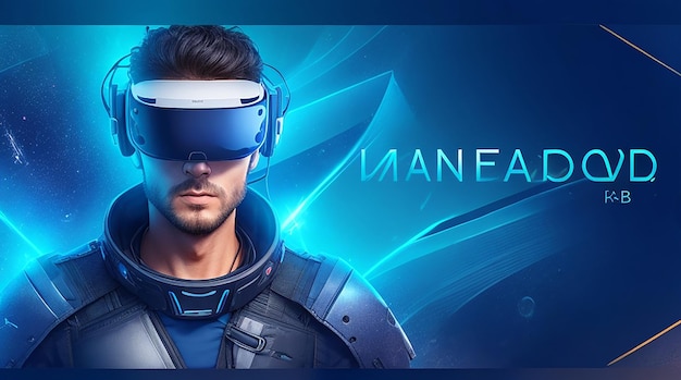 Modello di banner di tecnologia avanzata con uomo che indossa sfondo VR