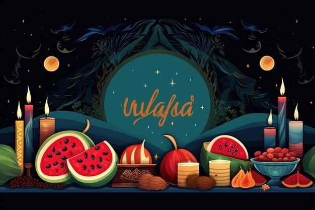 Modello di banner orizzontale felice notte Yalda con simboli della vacanza