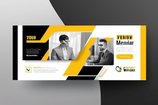 Modello di banner orizzontale per webinar aziendali Disegno di banner moderno con sfondo bianco e nero e forma di cornice gialla