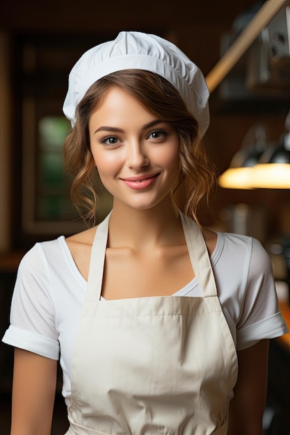 Modello di bella donna carina vestita da panettiere sorridente