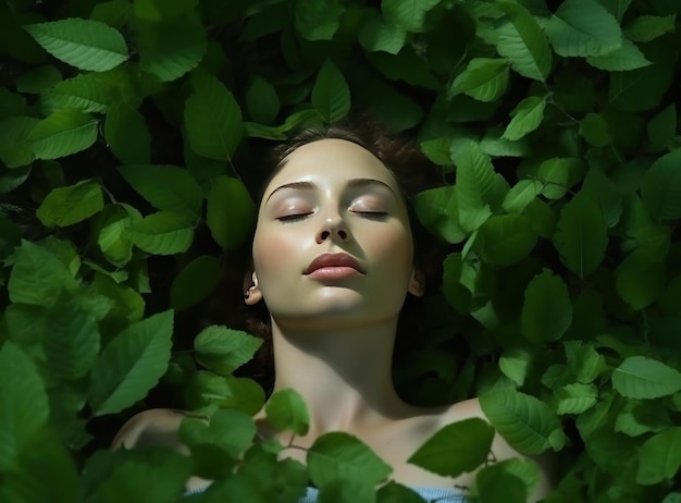 Modello di bella ragazza su sfondo di foglie verdi Illustrazione AI GenerativexA