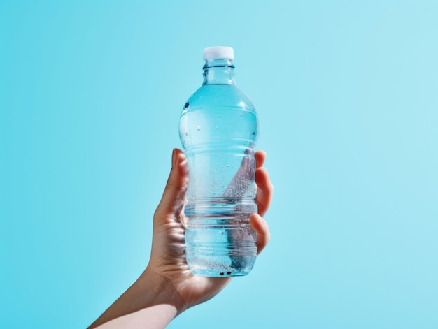 Modello di bevanda in bottiglia di plastica con l'acqua in mano